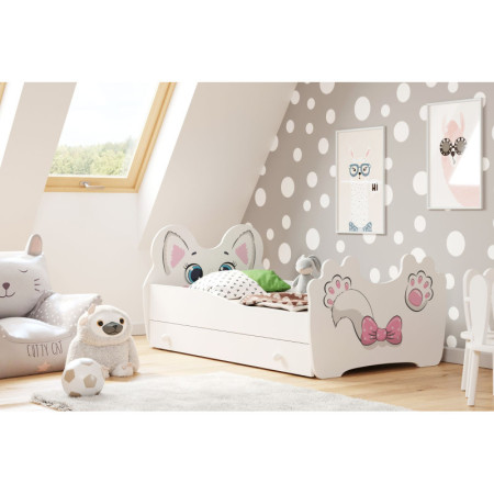 Łóżko Dziecięce ANIMALS Kotek z Materacem - Kolor: Biały - Rozmiar łóżka: 140x70 cm - Opcje łóżka: Z Szufladą