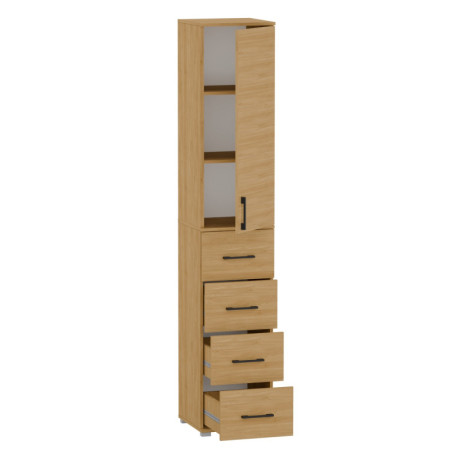 Szafa Biurowa z Szufladami P-4S1D na Segregatory Wąska Wysoka 215 cm - Szerokość: 50 cm - Głębokość: 53 cm - Rodzaj frontów: Mat - Rodzaj zamknięcia: Bez zamka - Kolor: Hikora Naturalna - Kolor uchwytów: Uchwyty czarne