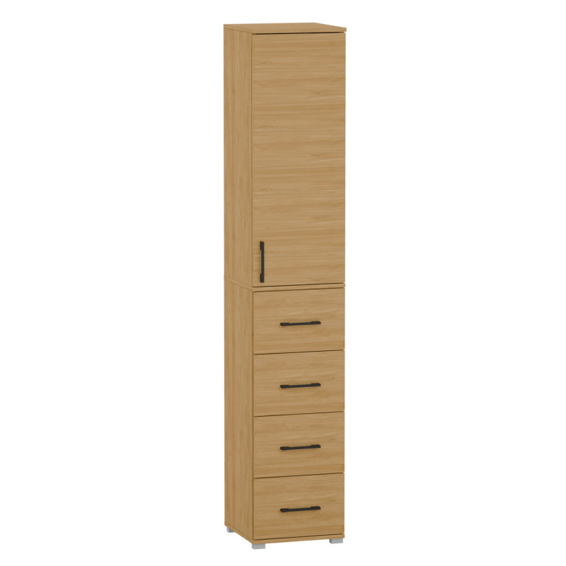Szafa Biurowa z Szufladami P-4S1D na Segregatory Wąska Wysoka 215 cm - Szerokość: 50 cm - Głębokość: 53 cm - Rodzaj frontów: Mat - Rodzaj zamknięcia: Bez zamka - Kolor: Hikora Naturalna - Kolor uchwytów: Uchwyty czarne