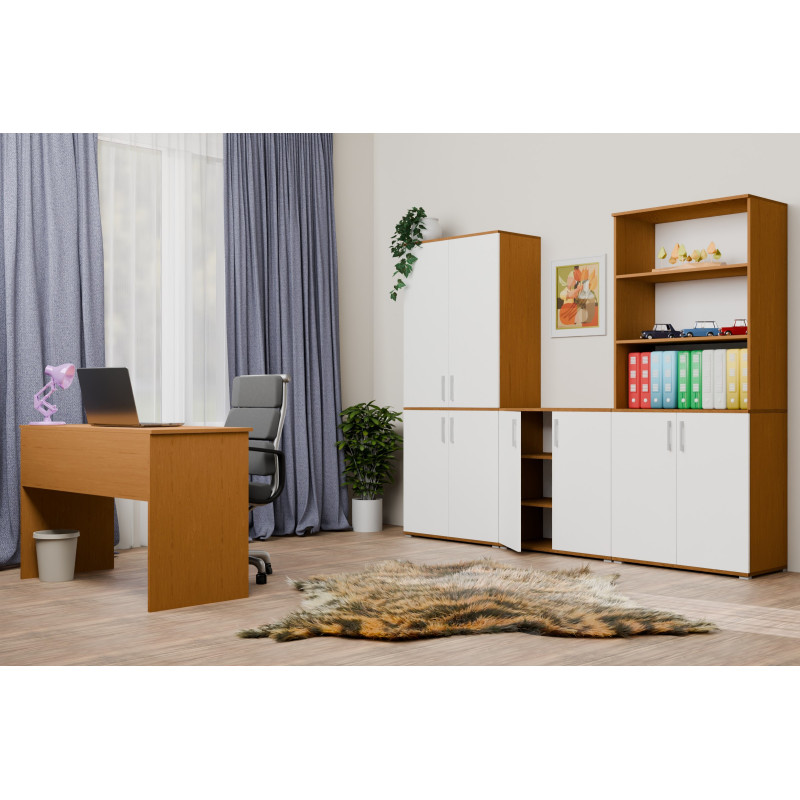 Regał Szafa Biurowa SK-2D na Dokumenty Szeroka Wysoka 189 cm - Szerokość: 80 cm - Głębokość: 32 cm - Rodzaj frontów: Mat - Rodzaj zamknięcia: Bez zamka - Kolor: Olcha - Biały - Kolor uchwytów: Uchwyty srebrne