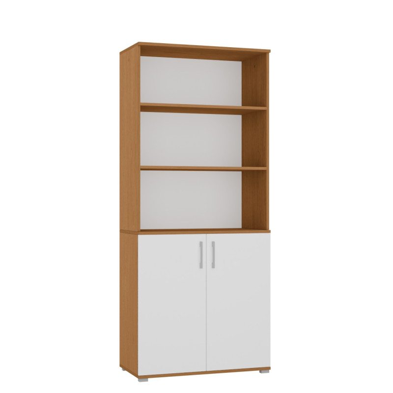 Regał Szafa Biurowa SK-2D na Dokumenty Szeroka Wysoka 189 cm - Szerokość: 80 cm - Głębokość: 32 cm - Rodzaj frontów: Mat - Rodzaj zamknięcia: Bez zamka - Kolor: Olcha - Biały - Kolor uchwytów: Uchwyty srebrne