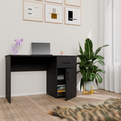 Biurko ML-B z Szufladą i Półkami do Biura 120 x 51 x 72 cm - Rodzaj frontów: Mat - Rodzaj zamknięcia: Bez zamka - Kolor uchwytów: Uchwyty czarne - Kolor: Czerń Aksamitna