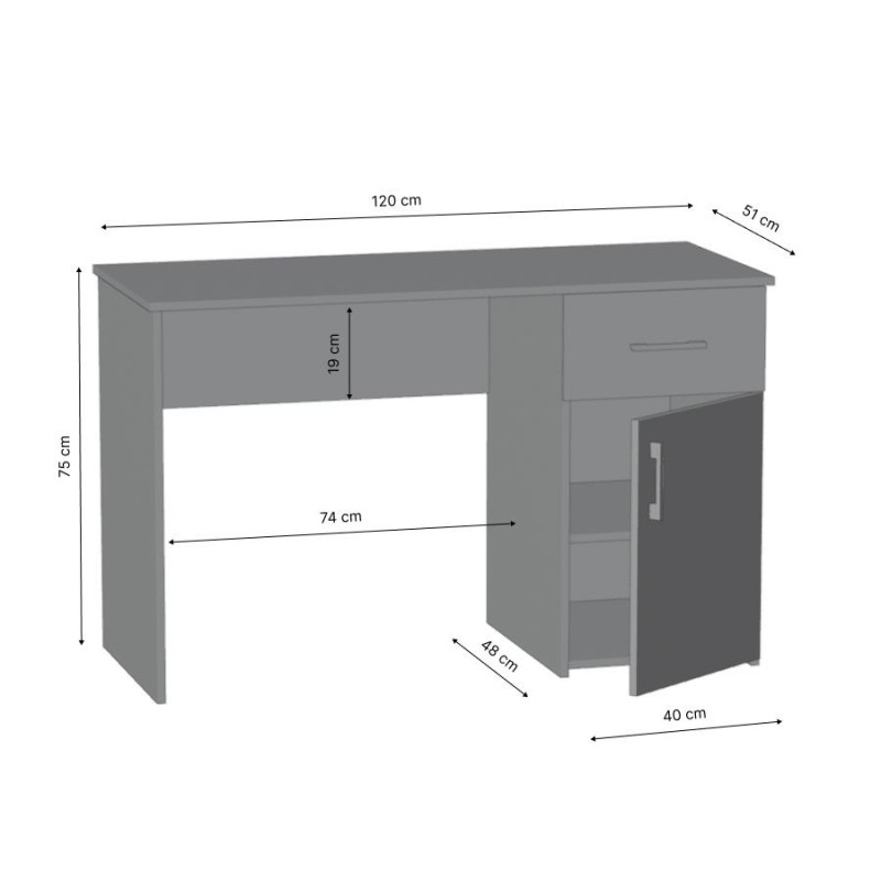 Biurko ML-B z Szufladą i Półkami do Biura 120 x 51 x 72 cm - Rodzaj frontów: Połysk - Rodzaj zamknięcia: Zamknięcie na klucz - Kolor: Hikora - Biały - Kolor uchwytów: Uchwyty czarne