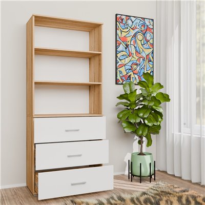 Regał Biurowy z Szufladami S-3S2P na Segregatory Szeroki 189 cm - Szerokość: 70 cm - Głębokość: 40 cm - Rodzaj frontów: Mat - Rodzaj zamknięcia: Bez zamka - Kolor: Sonoma - Biały - Kolor uchwytów: Uchwyty srebrne