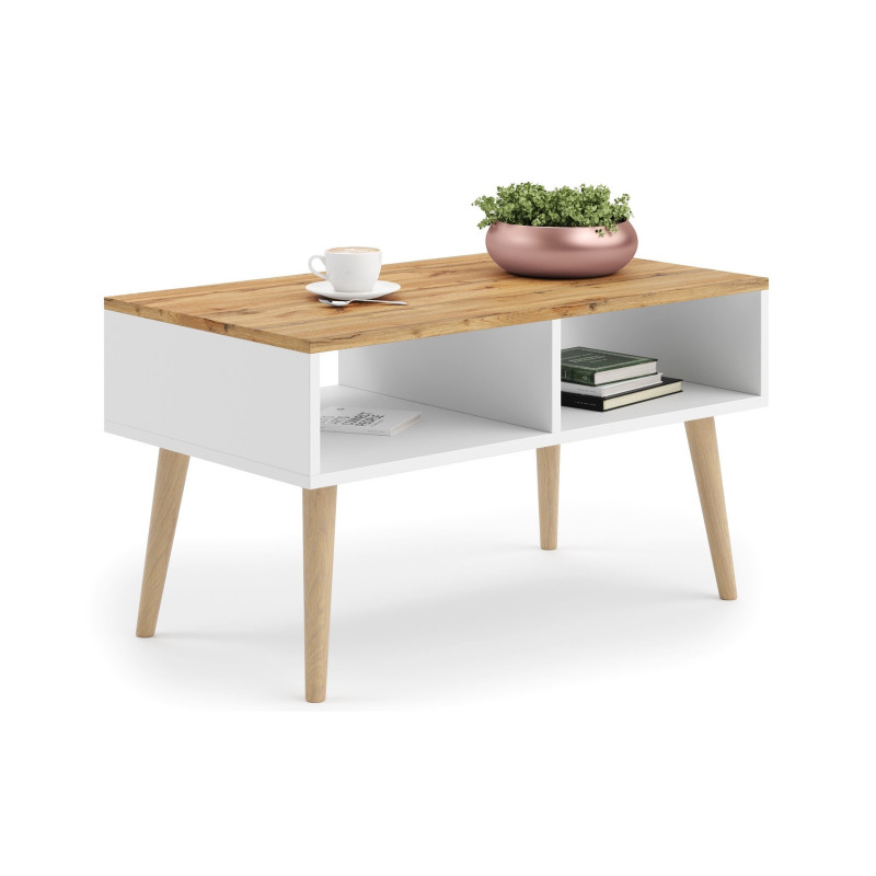 Skandynawski Stolik Kawowy SANDI 90x50 cm z Półkami - Kolor: Craft - Biały