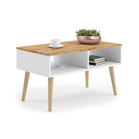 Skandynawski Stolik Kawowy SANDI 90x50 cm z Półkami - Kolor: Craft - Biały