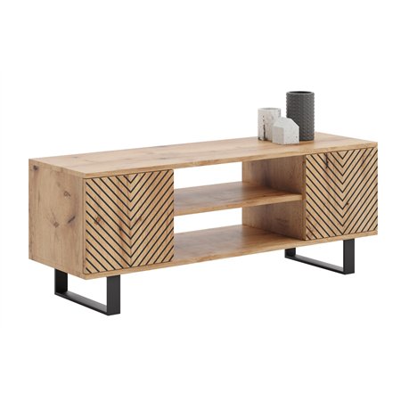 Szafka RTV Loft FONDI z Nadrukiem (Lamele / Jodełka) - Kolor: Dąb Craft - Szerokość: 135 cm - Wzór: Jodełka