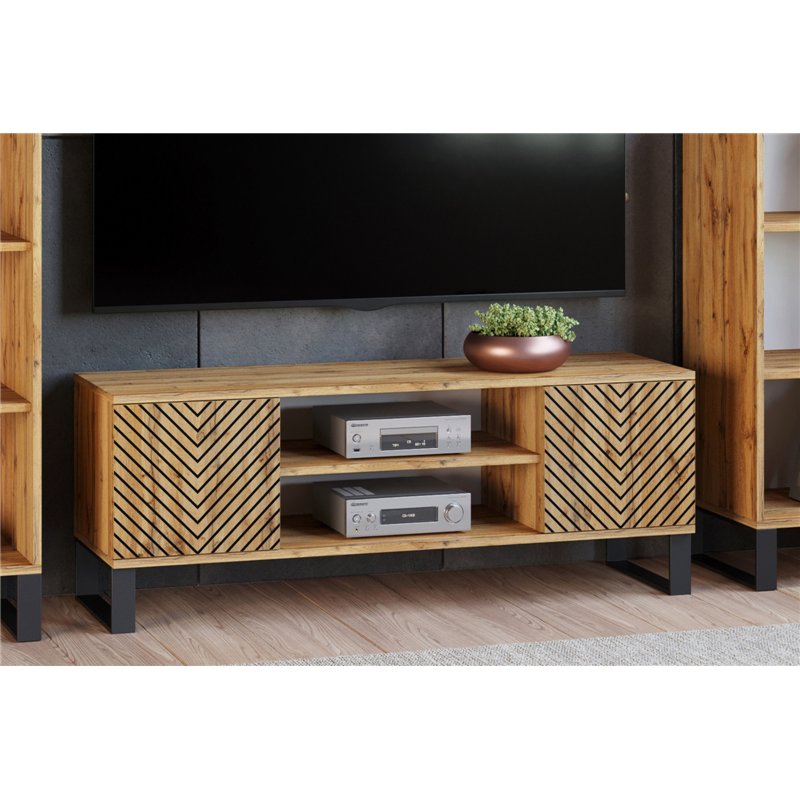 Szafka RTV Loft FONDI z Nadrukiem (Lamele / Jodełka) - Kolor: Dąb Craft - Szerokość: 135 cm - Wzór: Jodełka