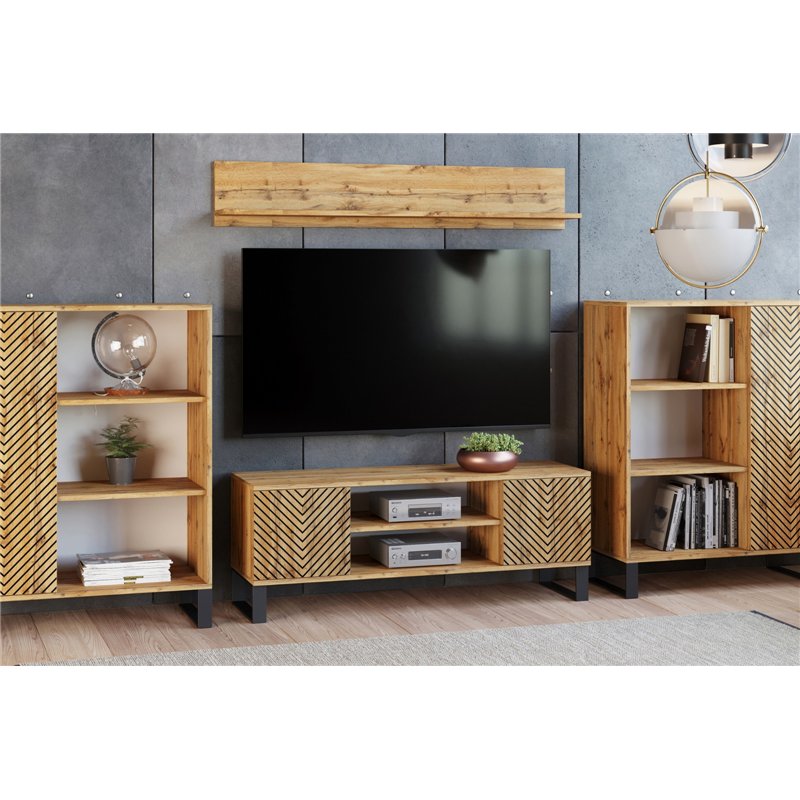 Szafka RTV Loft FONDI z Nadrukiem (Lamele / Jodełka) - Kolor: Dąb Craft - Szerokość: 135 cm - Wzór: Jodełka