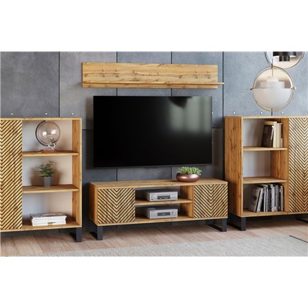 Szafka RTV Loft FONDI z Nadrukiem (Lamele / Jodełka) - Kolor: Dąb Craft - Szerokość: 135 cm - Wzór: Jodełka