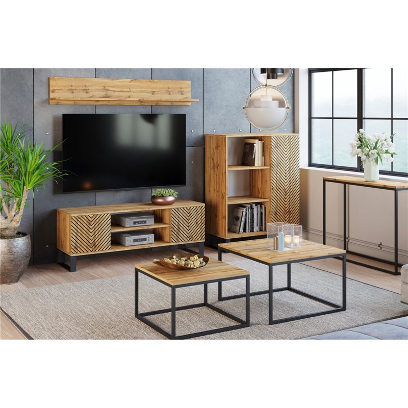 Szafka RTV Loft FONDI z Nadrukiem (Lamele / Jodełka) - Kolor: Dąb Craft - Szerokość: 135 cm - Wzór: Jodełka