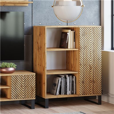 Loftowa Komoda z Regałem FONDI z Nadrukiem (Lamele / Jodełka) 116 cm - Kolor: Dąb Craft - Wzór: Jodełka 2