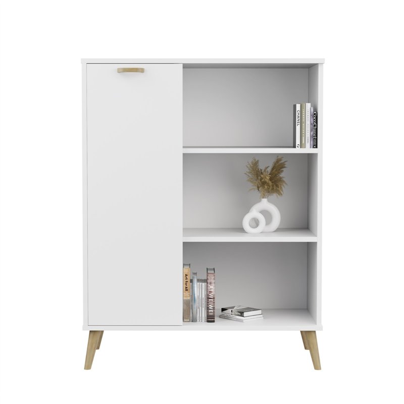 Skandynawska Komoda z Regałem SANDI II 116 cm z Drewnianymi Detalami - Kolor: Biały