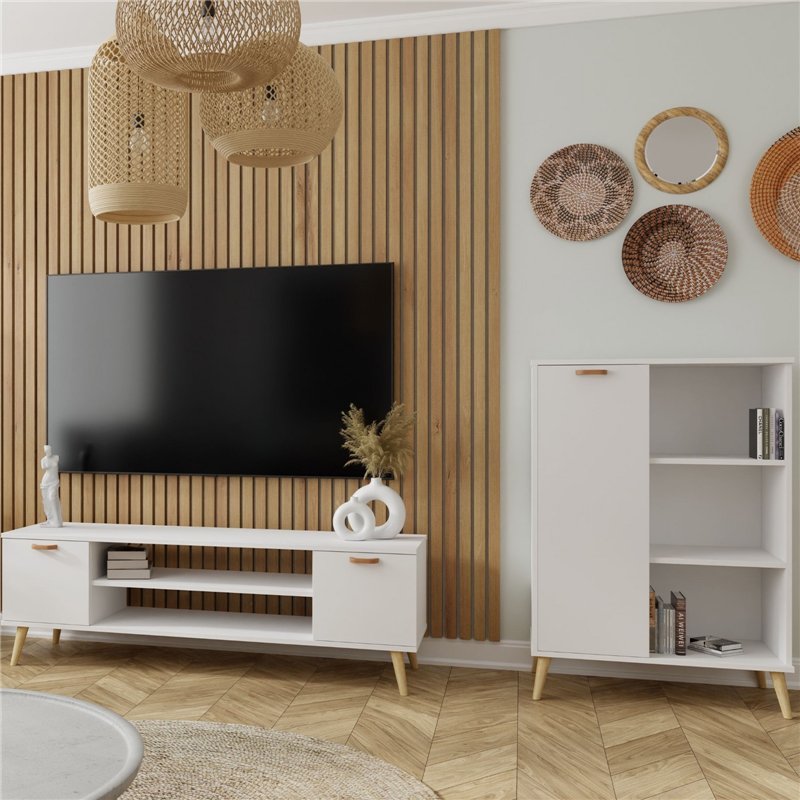 Skandynawska Komoda z Regałem SANDI II 116 cm z Drewnianymi Detalami - Kolor: Biały
