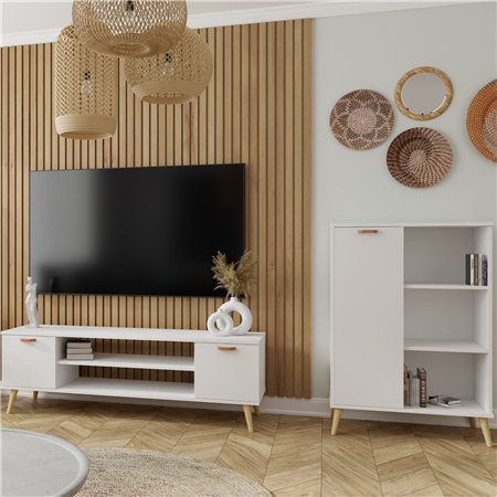 Skandynawska Komoda z Regałem SANDI II 116 cm z Drewnianymi Detalami - Kolor: Biały