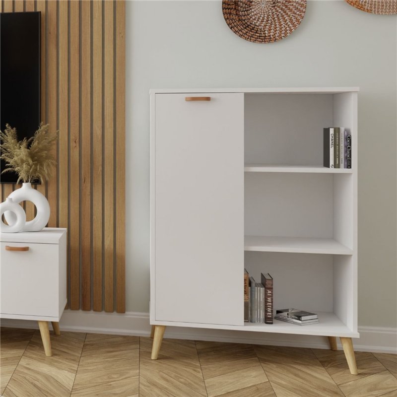 Skandynawska Komoda z Regałem SANDI II 116 cm z Drewnianymi Detalami - Kolor: Biały