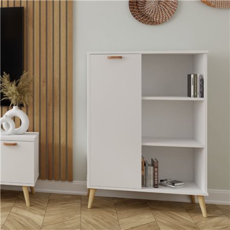 Skandynawska Komoda z Regałem SANDI II 116 cm z Drewnianymi Detalami - Kolor: Biały