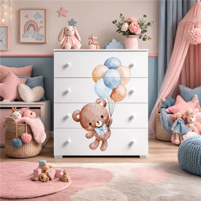 Komoda Dziecięca EMILY SWEET BEAR 4 Szuflady z Nadrukiem - Kolor: Biały