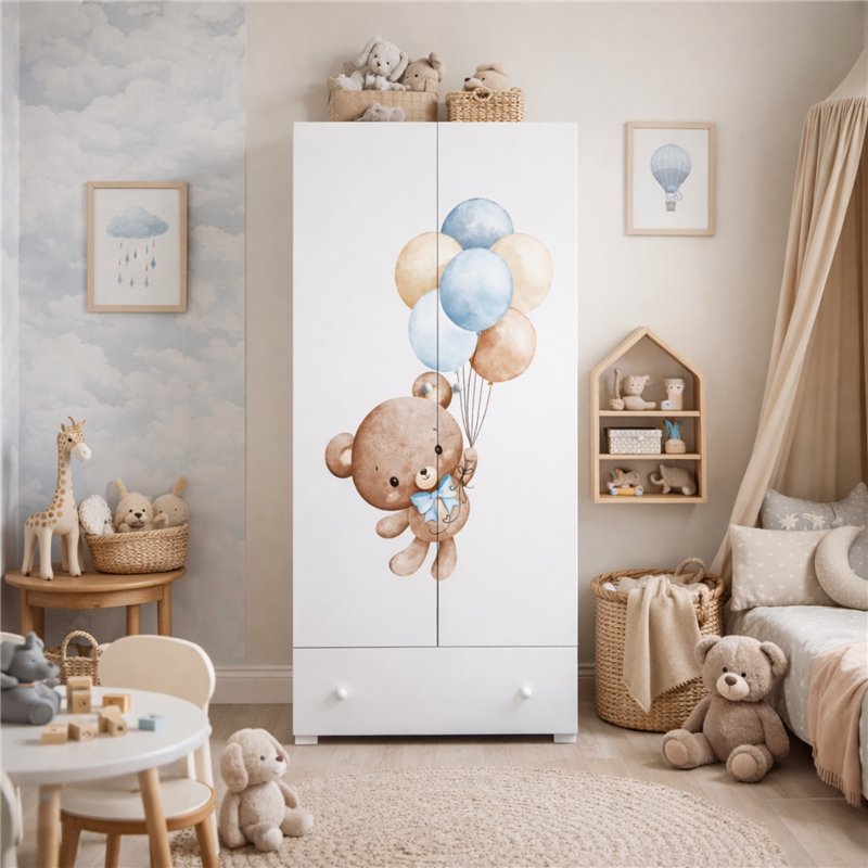 Szafa Dziecięca Dwudrzwiowa STELLA BEAR 80 cm z Szufladą - Szerokość: 80 cm - Kolor: Biały - Głębokość: 50 cm