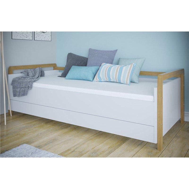 Skandynawski Tapczan Młodzieżowy Victor z Szufladą - Kolor: Biały - Rozmiar łóżka: 180x80 cm - Opcje Materaca: Materac Piankowo-Lateksowo-Kokosowy
