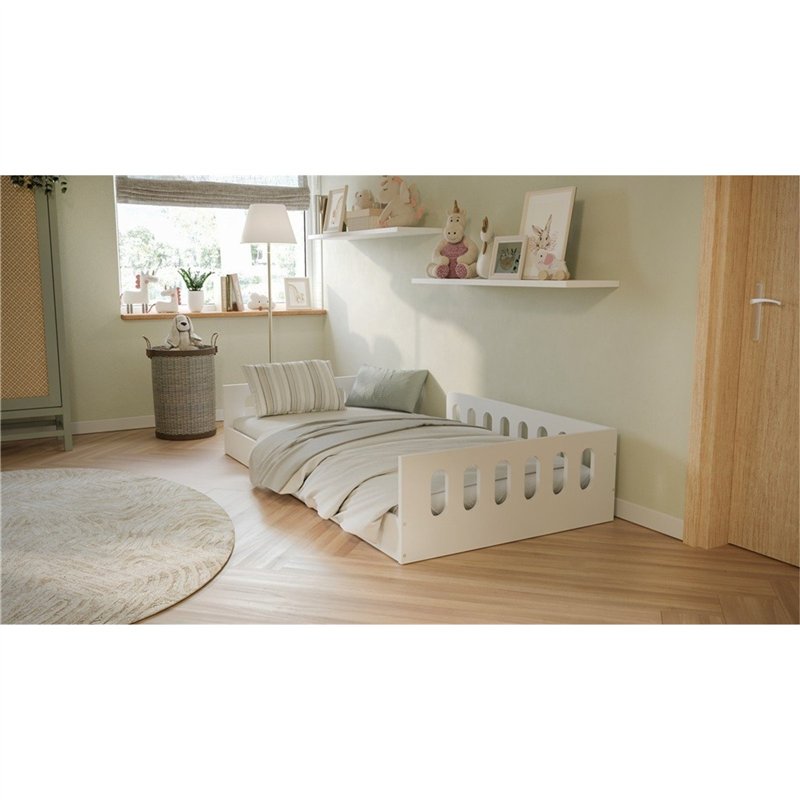 Bezpieczne Łóżko Montessori Timon z Barierką - Kolor: Biały - Rozmiar łóżka: 180x80 cm - Opcje Materaca: Materac Piankowo-Lateksowo-Kokosowy