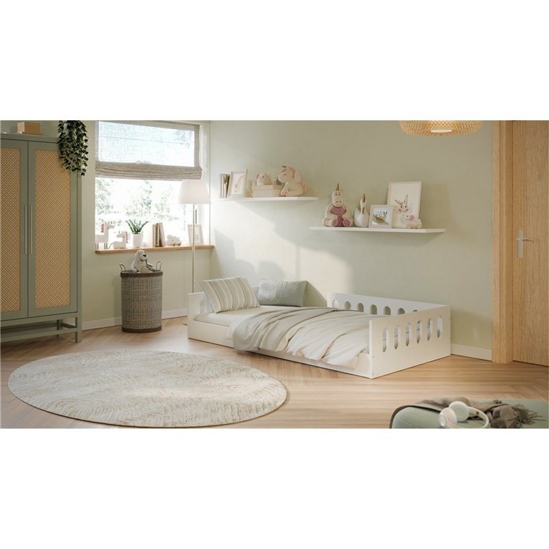 Bezpieczne Łóżko Montessori Timon z Barierką - Kolor: Biały - Rozmiar łóżka: 180x80 cm - Opcje Materaca: Materac Piankowo-Lateksowo-Kokosowy