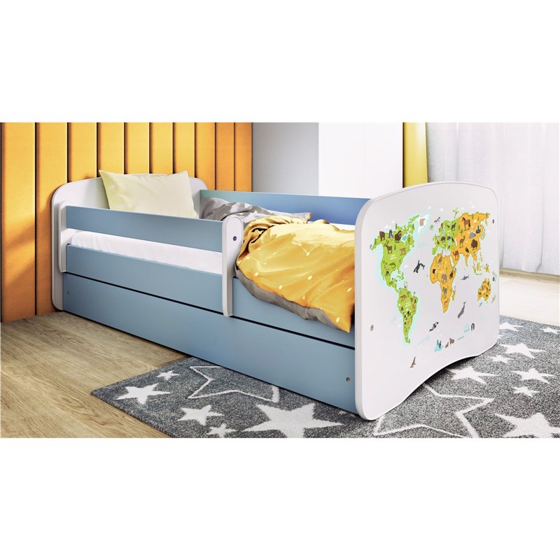 Edukacyjne Łóżko Dziecięce Babydreams Mapa Świata ze Zwierzętami - Kolor: Niebieski - Opcje łóżka: Z Szufladą - Rozmiar łóżka: 180x80 cm - Opcje Materaca: Materac Piankowo-Lateksowo-Kokosowy