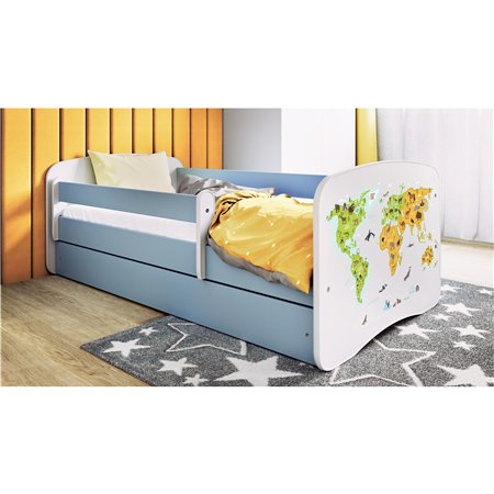Edukacyjne Łóżko Dziecięce Babydreams Mapa Świata ze Zwierzętami - Kolor: Niebieski - Opcje łóżka: Z Szufladą - Rozmiar łóżka: 180x80 cm - Opcje Materaca: Materac Piankowo-Lateksowo-Kokosowy