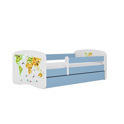 Edukacyjne Łóżko Dziecięce Babydreams Mapa Świata ze Zwierzętami - Kolor: Niebieski - Opcje łóżka: Z Szufladą - Rozmiar łóżka: 180x80 cm - Opcje Materaca: Materac Piankowo-Lateksowo-Kokosowy