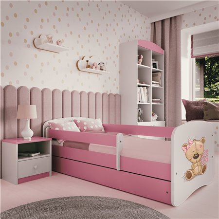 Urocze Łóżko Dziecięce Babydreams Miś z Kwiatkami - Kolor: Różowy - Opcje łóżka: Z Szufladą - Rozmiar łóżka: 180x80 cm - Opcje Materaca: Materac Piankowo-Lateksowo-Kokosowy