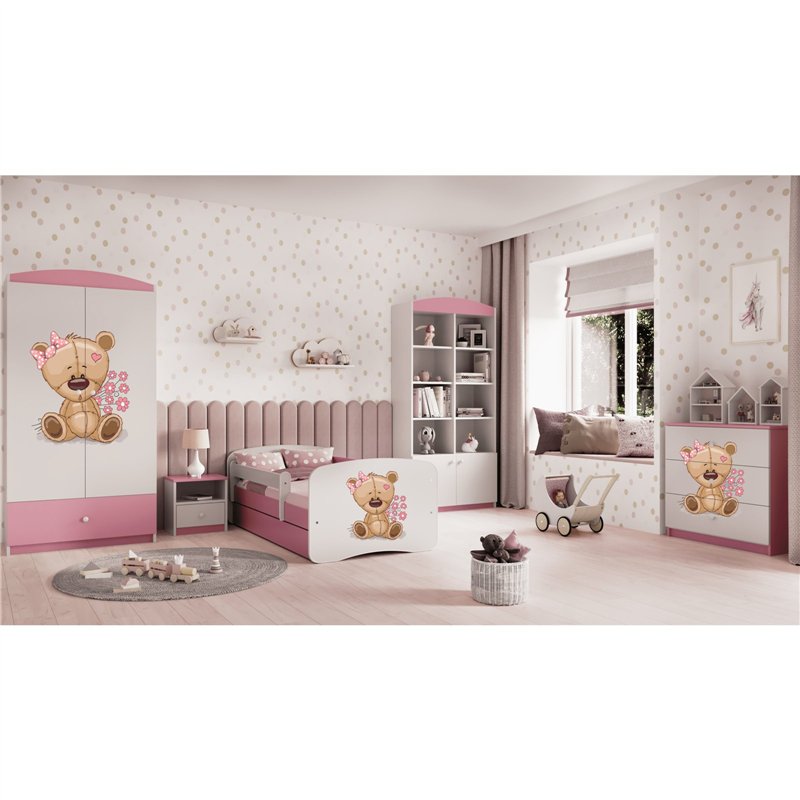 Urocze Łóżko Dziecięce Babydreams Miś z Kwiatkami - Kolor: Różowy - Opcje łóżka: Z Szufladą - Rozmiar łóżka: 180x80 cm - Opcje Materaca: Materac Piankowo-Lateksowo-Kokosowy