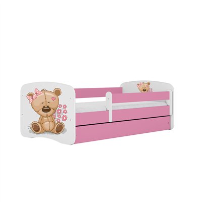 Urocze Łóżko Dziecięce Babydreams Miś z Kwiatkami - Kolor: Różowy - Opcje łóżka: Z Szufladą - Rozmiar łóżka: 180x80 cm - Opcje Materaca: Materac Piankowo-Lateksowo-Kokosowy