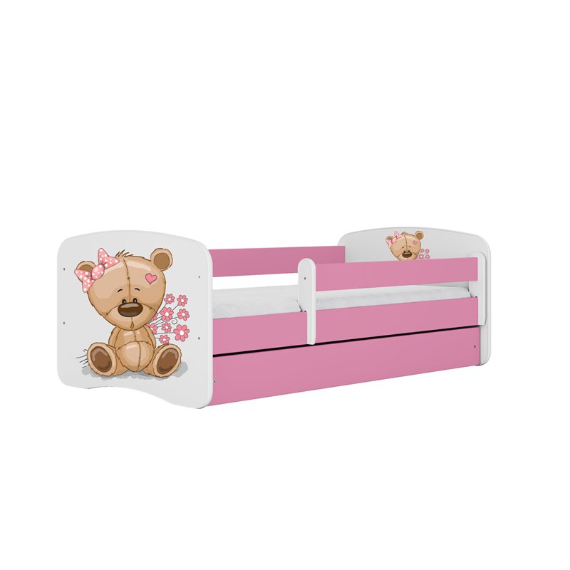 Urocze Łóżko Dziecięce Babydreams Miś z Kwiatkami - Kolor: Różowy - Opcje łóżka: Z Szufladą - Rozmiar łóżka: 180x80 cm - Opcje Materaca: Materac Piankowo-Lateksowo-Kokosowy