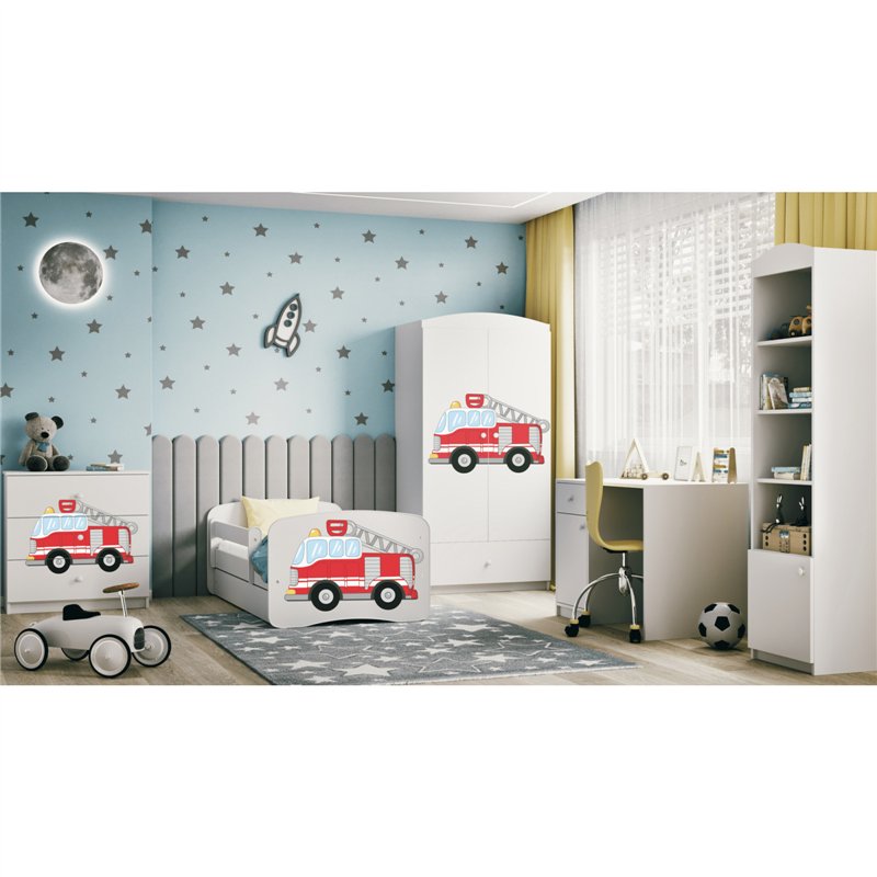 Bohaterskie Łóżko Dziecięce Babydreams Wóz Strażacki - Kolor: Biały - Opcje łóżka: Z Szufladą - Rozmiar łóżka: 180x80 cm - Opcje Materaca: Materac Piankowo-Lateksowo-Kokosowy