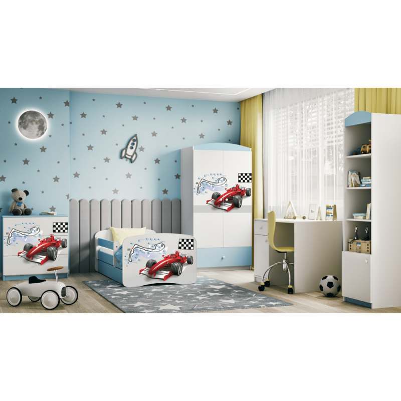 Sportowe Łóżko Dziecięce Babydreams Czerwona Formuła F1 - Kolor: Niebieski - Opcje łóżka: Z Szufladą - Rozmiar łóżka: 180x80 cm - Opcje Materaca: Materac Piankowo-Lateksowo-Kokosowy