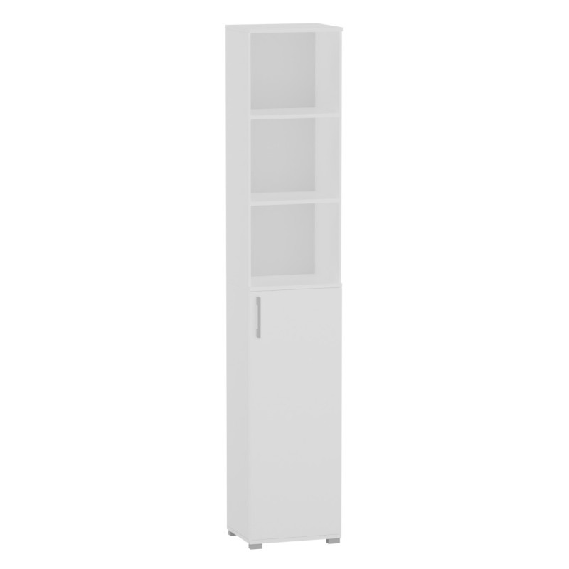 Regał Szafa Biurowa P-K-1D na Dokumenty Wąska Wysoka 215 cm - Szerokość: 50 cm - Głębokość: 53 cm - Rodzaj frontów: Mat - Rodzaj zamknięcia: Bez zamka - Kolor: Biały - Kolor uchwytów: Uchwyty srebrne