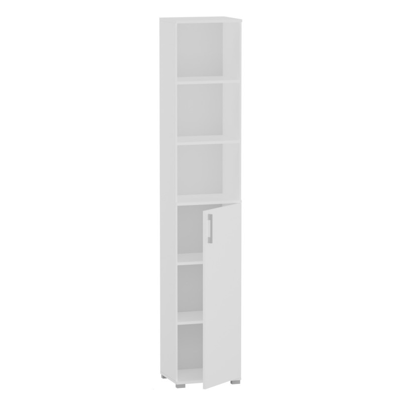 Regał Szafa Biurowa P-K-1D na Dokumenty Wąska Wysoka 215 cm - Szerokość: 50 cm - Głębokość: 53 cm - Rodzaj frontów: Mat - Rodzaj zamknięcia: Bez zamka - Kolor: Biały - Kolor uchwytów: Uchwyty srebrne